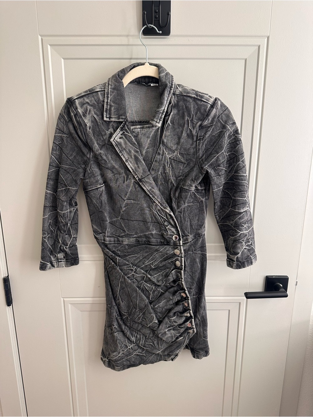 Retrofete Gray Crinkle Long Sleeve Wrap Dress